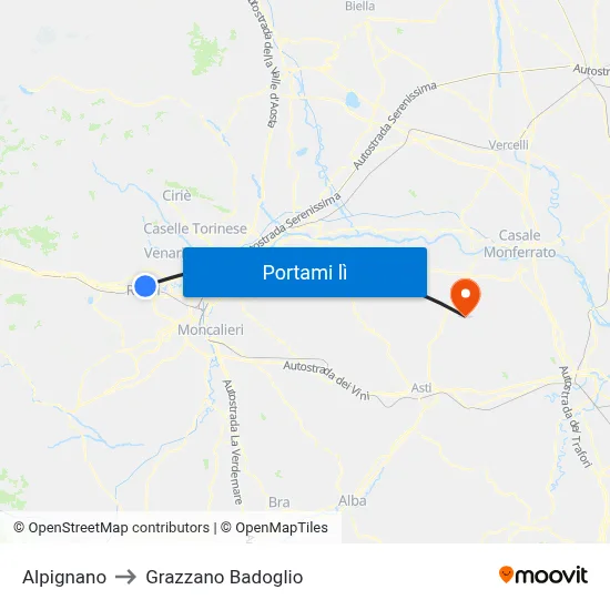 Alpignano to Grazzano Badoglio map