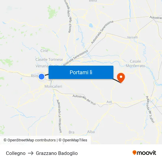 Collegno to Grazzano Badoglio map