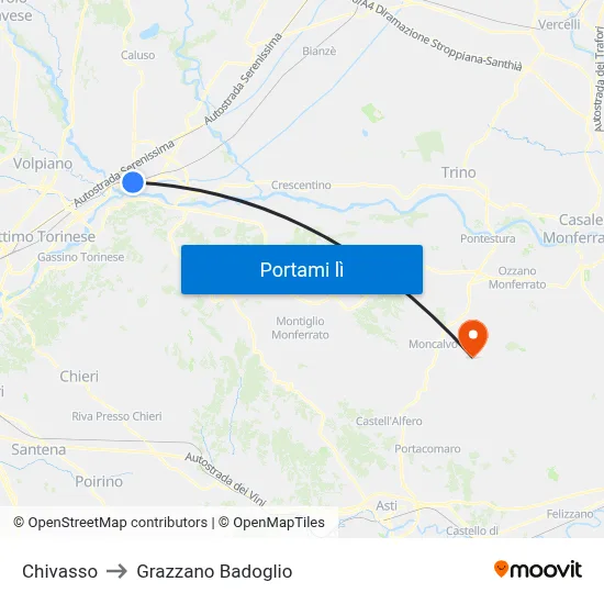 Chivasso to Grazzano Badoglio map