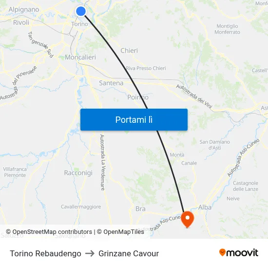 Torino Rebaudengo to Grinzane Cavour map
