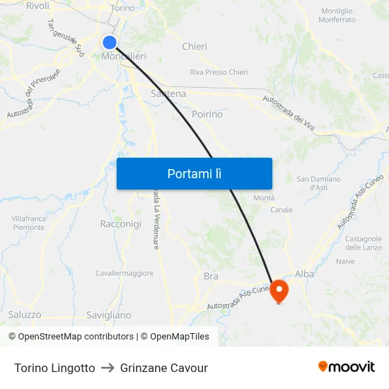 Torino Lingotto to Grinzane Cavour map