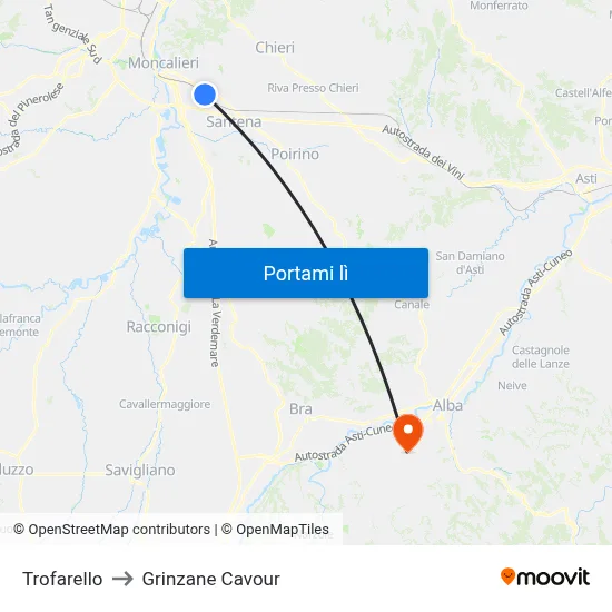 Trofarello to Grinzane Cavour map