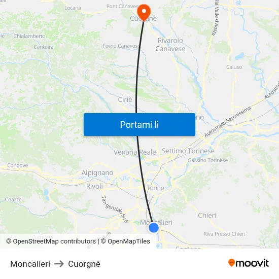 Moncalieri to Cuorgnè map