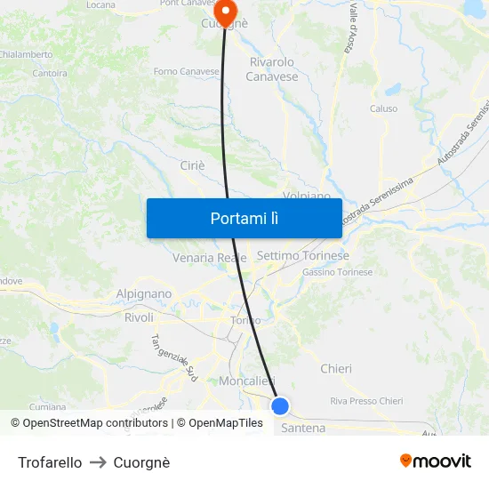Trofarello to Cuorgnè map