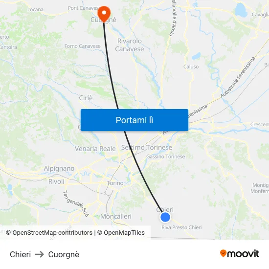 Chieri to Cuorgnè map