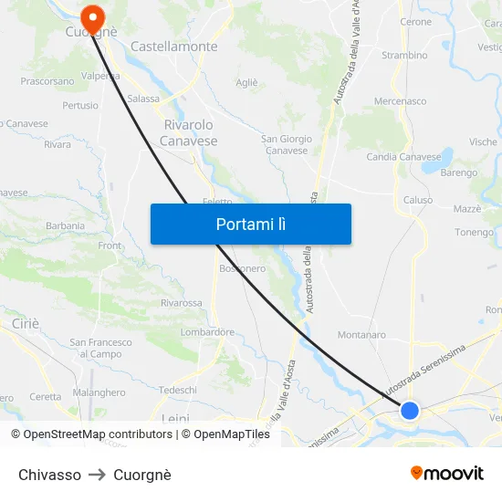 Chivasso to Cuorgnè map