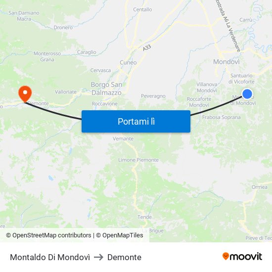 Montaldo Di Mondovì to Demonte map