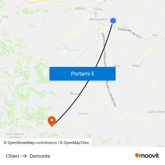 Chieri to Demonte map