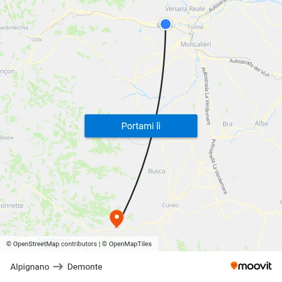 Alpignano to Demonte map