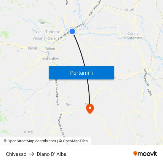 Chivasso to Diano D' Alba map