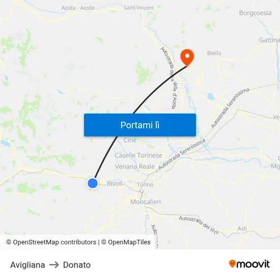Avigliana to Donato map