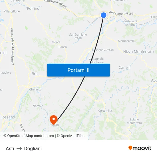 Asti to Dogliani map