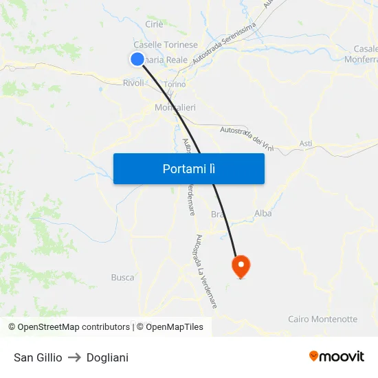 San Gillio to Dogliani map