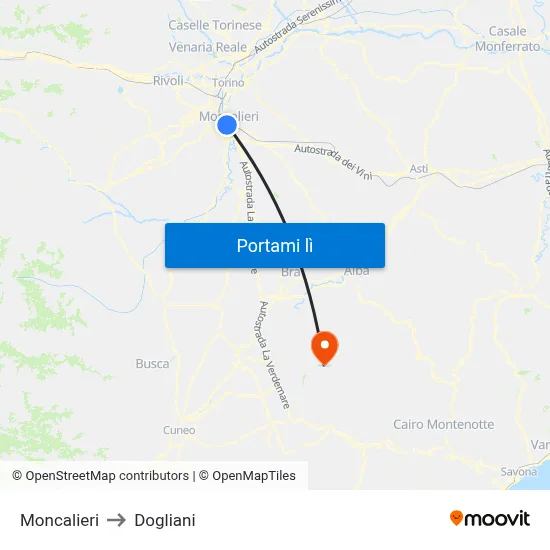 Moncalieri to Dogliani map