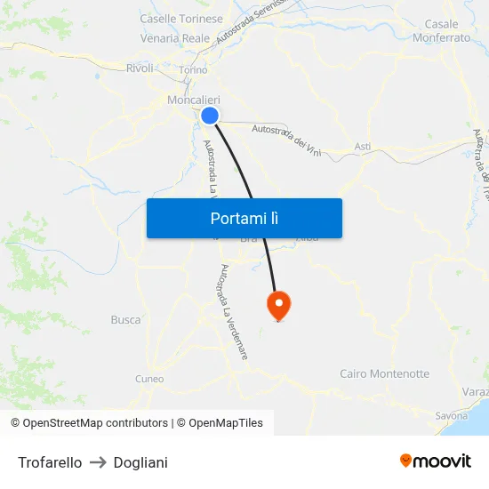 Trofarello to Dogliani map