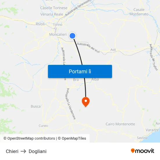 Chieri to Dogliani map