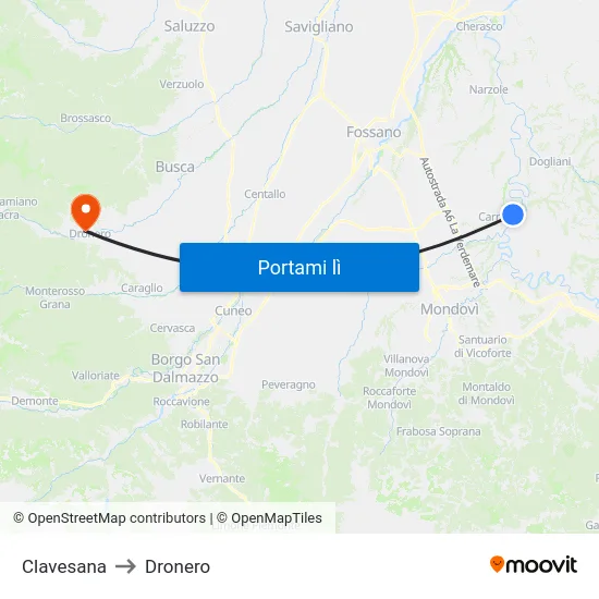 Clavesana to Dronero map