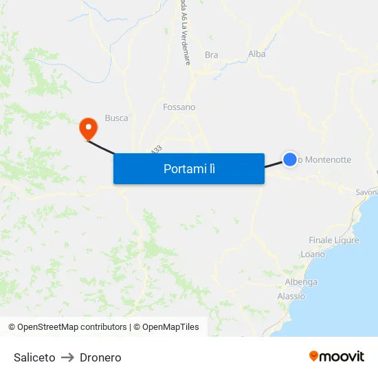 Saliceto to Dronero map
