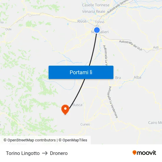 Torino Lingotto to Dronero map