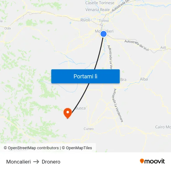 Moncalieri to Dronero map