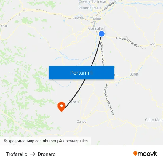 Trofarello to Dronero map