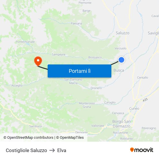 Costigliole Saluzzo to Elva map