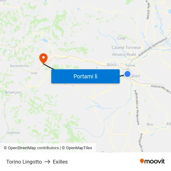 Torino Lingotto to Exilles map