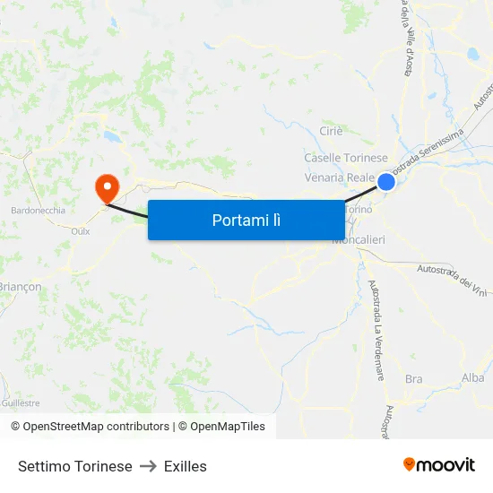 Settimo Torinese to Exilles map