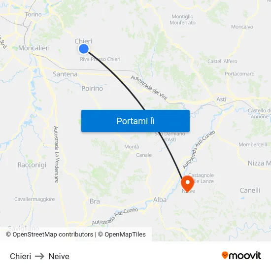 Chieri to Neive map