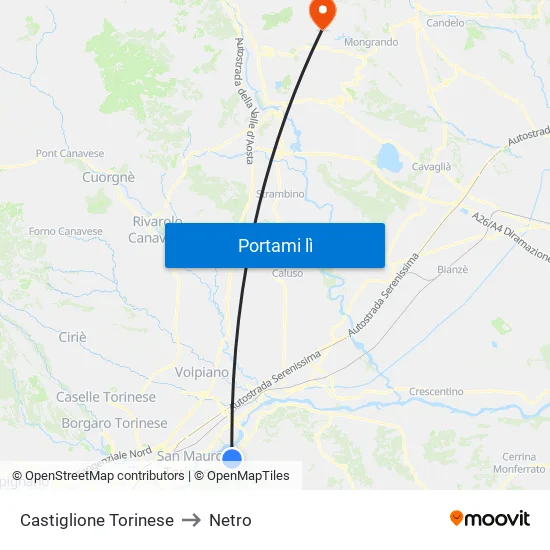 Castiglione Torinese to Netro map