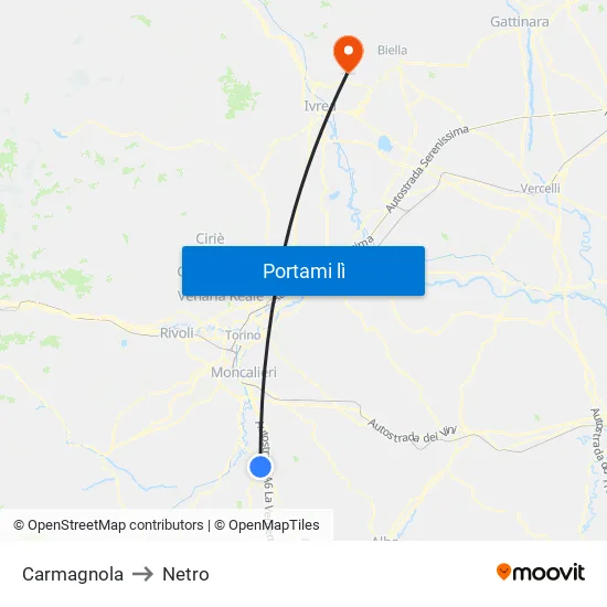 Carmagnola to Netro map