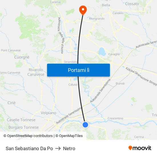 San Sebastiano Da Po to Netro map