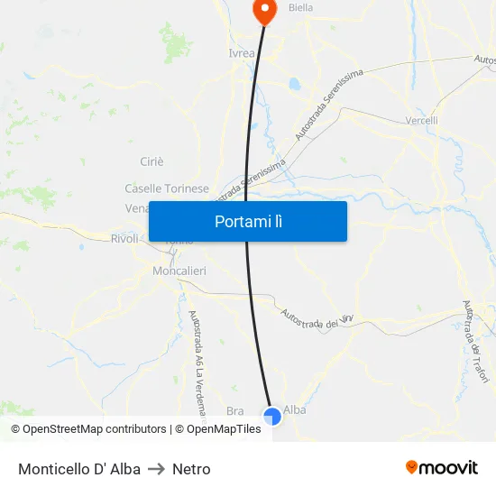 Monticello D' Alba to Netro map