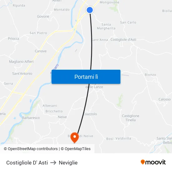 Costigliole D' Asti to Neviglie map