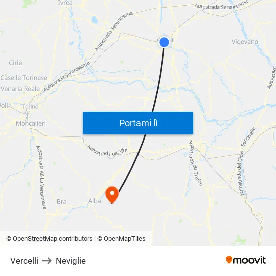 Vercelli to Neviglie map