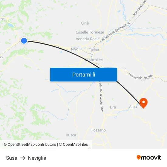 Susa to Neviglie map