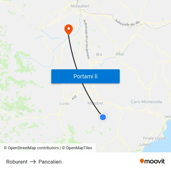 Roburent to Pancalieri map