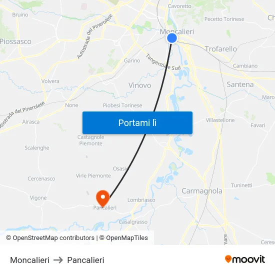 Moncalieri to Pancalieri map