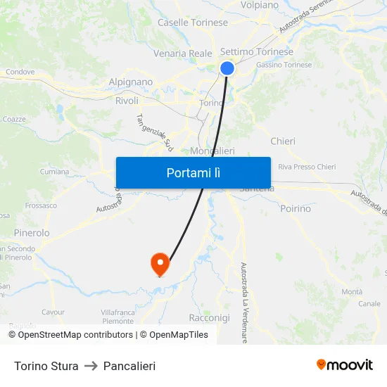 Torino Stura to Pancalieri map