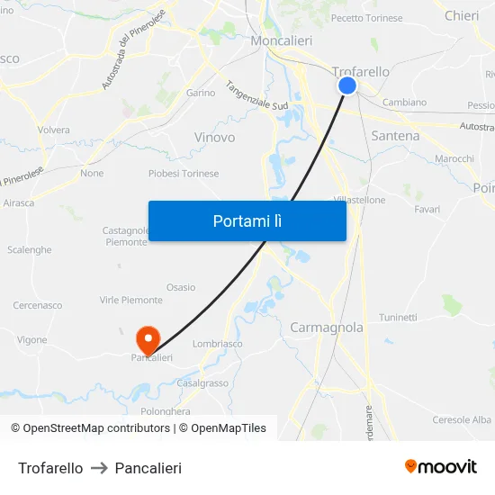 Trofarello to Pancalieri map
