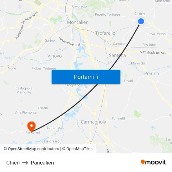 Chieri to Pancalieri map