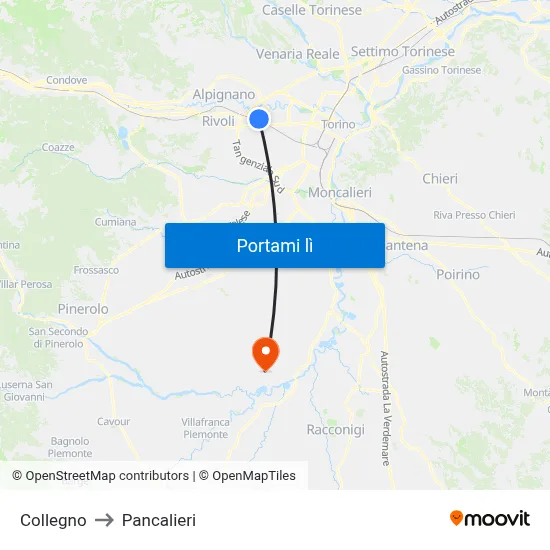 Collegno to Pancalieri map