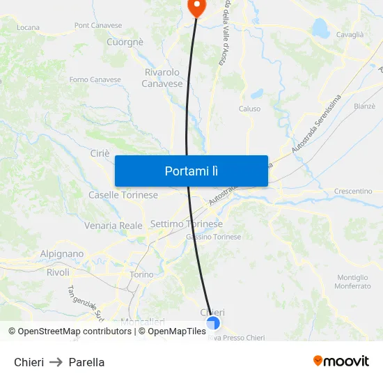Chieri to Parella map
