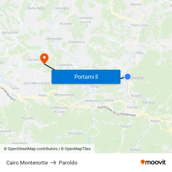 Cairo Montenotte to Paroldo map