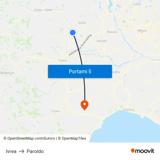 Ivrea to Paroldo map