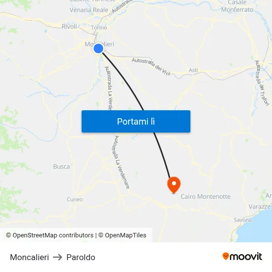 Moncalieri to Paroldo map