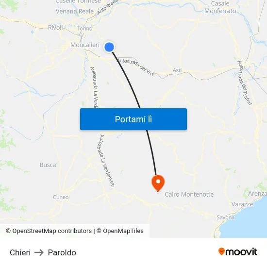 Chieri to Paroldo map