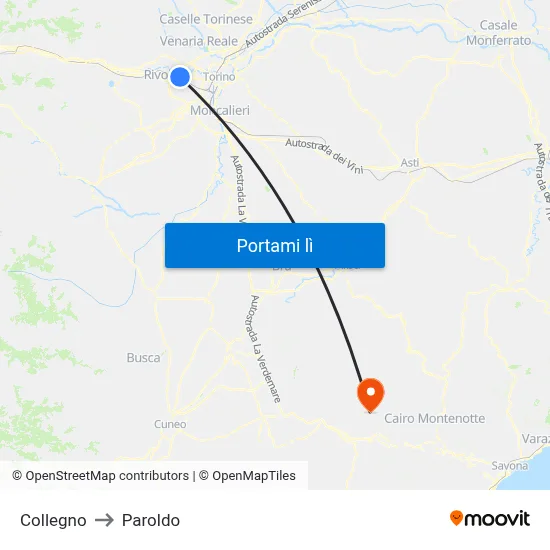 Collegno to Paroldo map