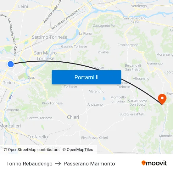 Torino Rebaudengo to Passerano Marmorito map