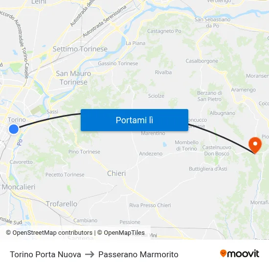 Torino Porta Nuova to Passerano Marmorito map